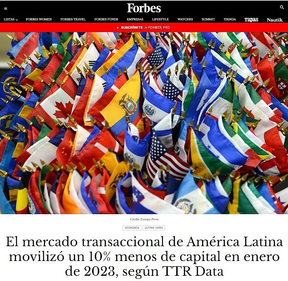El mercado transaccional de Amrica Latina moviliz un 10% menos de capital en enero de 2023, segn TTR Data